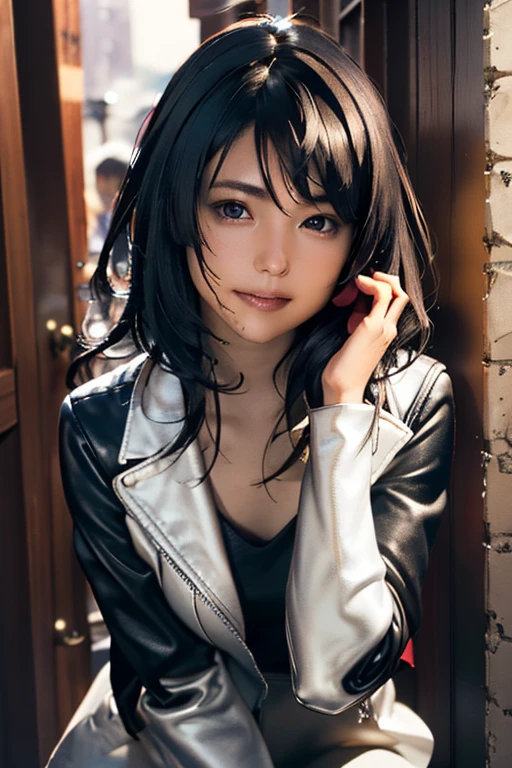 Highest quality　High resolution　Simple　Remainsの様なDungeons　RemainsDungeons　Long bangs　Adult female　Adventurer Girl　Loose expression　cute　smile　Leather jacket　Beautiful Eyes　One Woman　Long side hair　Very black hair　Shiny long hair　Straight hair　Ahoge　Wide sleeves　Long hem　cute目　Remains　Dungeons　Underground maze