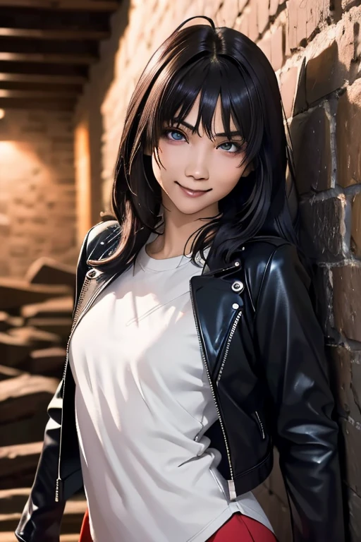 Highest quality　High resolution　Simple　Remainsの様なDungeons　RemainsDungeons　Long bangs　Adult female　Adventurer Girl　Loose expression　cute　smile　Leather jacket　Beautiful Eyes　One Woman　Long side hair　Very black hair　Shiny long hair　Straight hair　Ahoge　Wide sleeves　Long hem　cute目　Remains　Dungeons　Underground maze