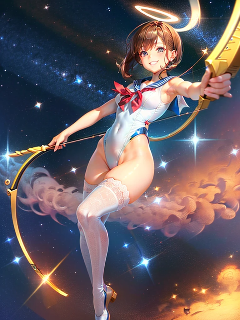 Highest quality,Highest Resolution,Masterpiece,(((A beautiful girl in a sailor leotard with a smile on her face))),High leg,Frills,White knee-high stockings,,Red tie,Cat ear,(((Halation))),Brown hair short bob,(((Elaborate:archery))),White angel wings on the back,universe,Milky Way,Meteor,dark,Bow of Light,whole body,Bow of Light,A distant view,Side view,(((Draw the bow))),Halo,弓を引いている,