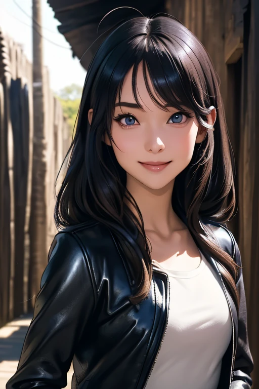 Highest quality　High resolution　Simple　Remainsの様なDungeons　RemainsDungeons　Long bangs　Adult female　Adventurer Girl　Loose expression　cute　smile　Leather jacket　Beautiful Eyes　One Woman　Long side hair　Very black hair　Shiny long hair　Straight hair　Ahoge　Wide sleeves　Long hem　cute目　Remains　Dungeons　Underground maze