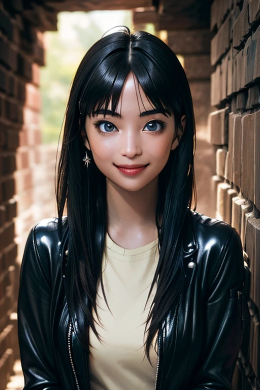 Highest quality　High resolution　Simple　Remainsの様なDungeons　RemainsDungeons　Long bangs　Adult female　Adventurer Girl　Loose expression　cute　smile　Leather jacket　Beautiful Eyes　One Woman　Long side hair　Very black hair　Shiny long hair　Straight hair　Ahoge　Wide sleeves　Long hem　cute目　Remains　Dungeons　Underground maze