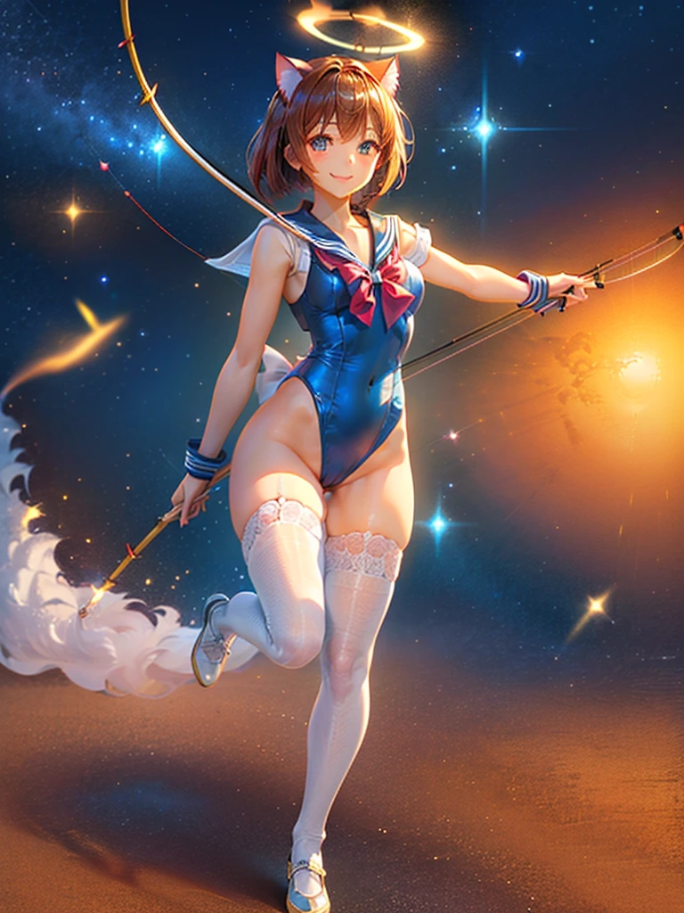 Highest quality,Highest Resolution,Masterpiece,(((A beautiful girl in a sailor leotard with a smile on her face))),High leg,Frills,White knee-high stockings,,Red tie,(((Cat ear))),(((Halation))),Brown hair short bob,(((Elaborate:archery))),White angel wings on the back,universe,Milky Way,Meteor,dark,Bow of Light,whole body,Bow of Light,A distant view,Side view,(((Draw the bow))),Halo,弓を引いている,