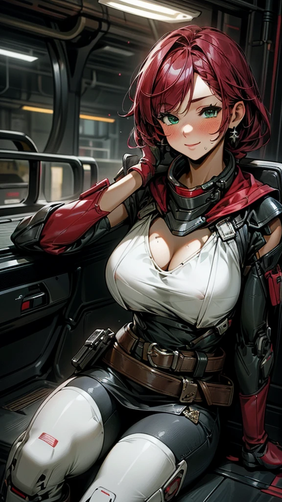 20-year-old girl，Crimson hair，side braid，Smile，Huge breasts，cleavage，Sheer red sleeveless top，Leave space in the middle to reveal cleavage，Soaked all over，Blushing，green eyes，Female spy，Red miniskirt，White gloves，White hand sleeves，White boots，Science fiction，Future，robot driver，There is a pistol on the back belt，No bangs，Wearing earrings only on one side，leather neck brace，There is a belt around the waist，Inside the huge robot cockpit，Sitting in the driving seat，Darkness all around