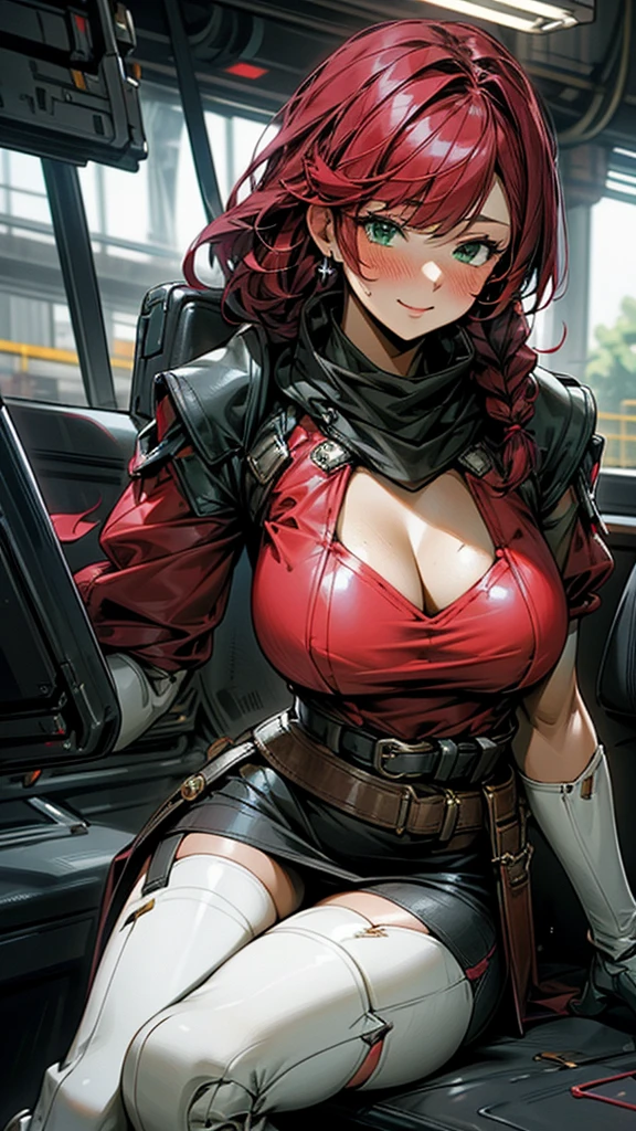 20-year-old girl，Crimson hair，side braid，Smile，Huge breasts，cleavage，Sheer red sleeveless top，Leave space in the middle to reveal cleavage，Soaked all over，Blushing，green eyes，Female spy，Red miniskirt，White gloves，White hand sleeves，White boots，Science fiction，Future，robot driver，There is a pistol on the back belt，No bangs，Wearing earrings only on one side，leather neck brace，There is a belt around the waist，Inside the huge robot cockpit，Sitting in the driving seat，Darkness all around