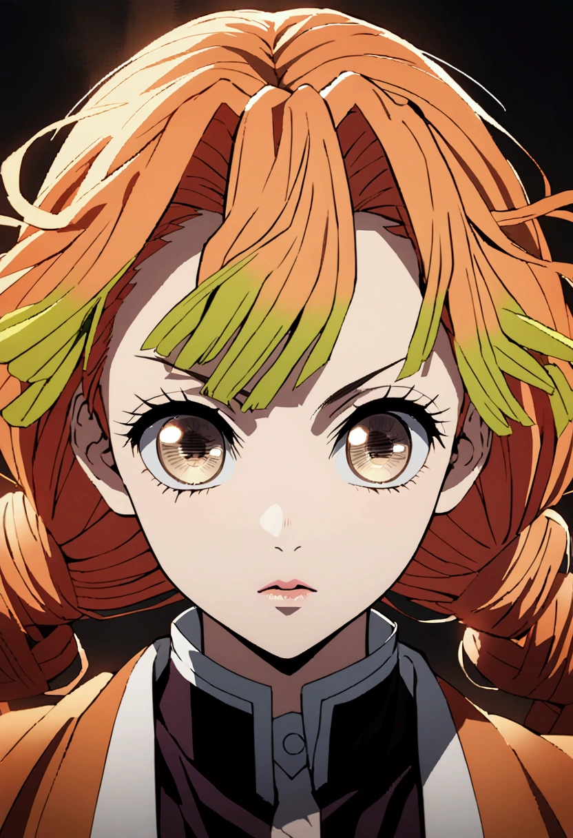 a young anime girl with long orange hair in twin ponytails,thin brown eyes,beautiful detailed eyes and face,long eyelashes,wearing the same outfit as Kanroji Mitsuri from Demon Slayer,digital painting,highly detailed,intricate details,cinematic colors,warm lighting