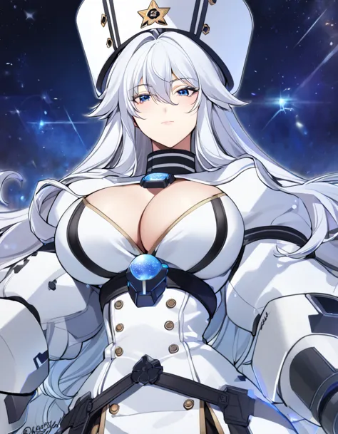 anime, 1 girl with heavy mechanical arms, solo, kimtag, sovetsky soyuz, sovetsky soyuz's hairstyle, white hairstyle, busty, big ...