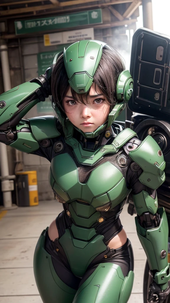 Textured skin, Super Detail, Attention to detail, high quality, 最high quality, High resolution, 1080P, hard disk, beautiful,(War Machine),Beautiful cyborg woman,Dark Green Mecha Cyborg Girl,battle,Girl with a mechanical body,、Plain junior high school girl　、Sweaty brown eyes、Sweaty face、Expressions of distress　blush　cute　Black-haired　((Steam coming out of the head)) (Steam coming out of the whole body)Glasses　Embarrassing　Hiding the body　Spread your legs　M foot opening　Lying in bed　(Shyness)