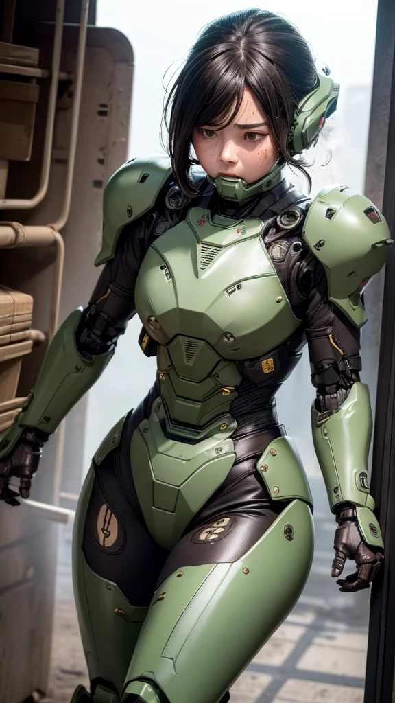 Textured skin, Super Detail, Attention to detail, high quality, 最high quality, High resolution, 1080P, hard disk, beautiful,(War Machine),Beautiful cyborg woman,Dark Green Mecha Cyborg Girl,battle,Girl with a mechanical body,、Plain junior high school girl　、Sweaty brown eyes、Sweaty face、Expressions of distress　blush　cute　Black-haired　((Steam coming out of the head)) (Steam coming out of the whole body)Glasses　Embarrassing　Hiding the body　Spread your legs　M foot opening　Lying in bed　(Shyness)