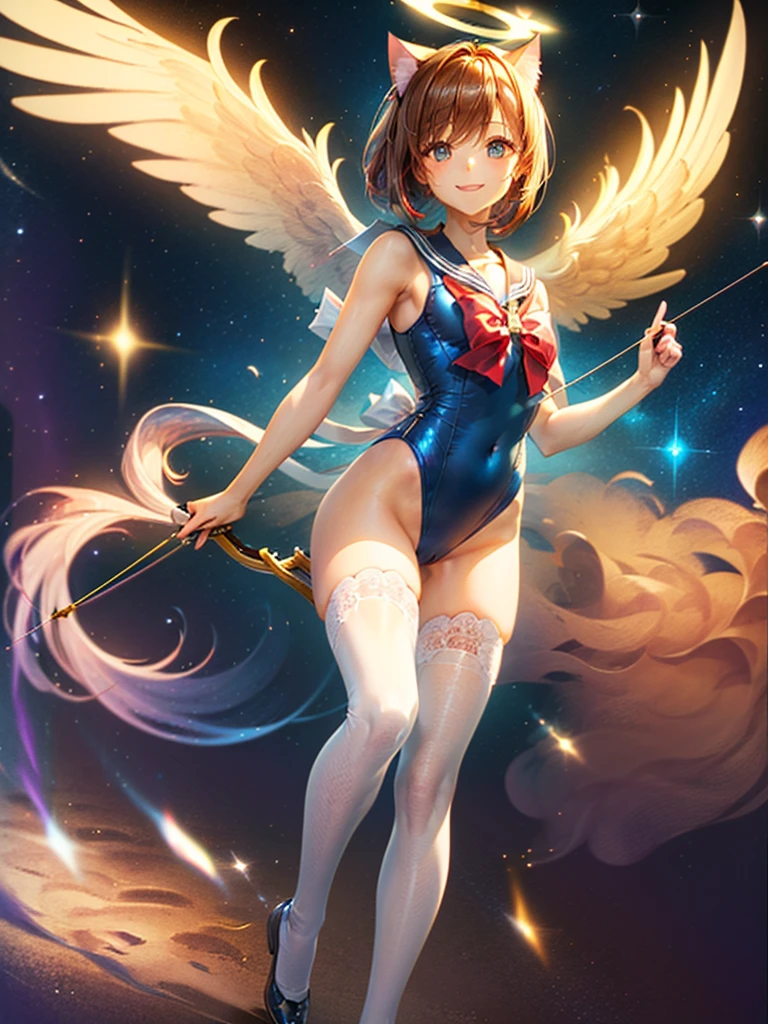 Highest quality,Highest Resolution,Masterpiece,(((A beautiful girl in a sailor leotard with a smile on her face))),High leg,Frills,White knee-high stockings,,Red tie,(((Cat ear))),(((Halation))),Brown hair short bob,(((Elaborate:archery))),White angel wings on the back,universe,Milky Way,Meteor,dark,Bow of Light,whole body,Bow of Light,A distant view,Side view,(((Draw the bow))),Halo,弓を引いている,