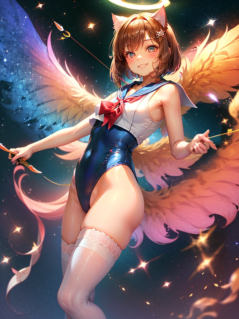 Highest quality,Highest Resolution,Masterpiece,(((A beautiful girl in a sailor leotard with a smile on her face))),High leg,Frills,White knee-high stockings,,Red tie,(((Cat ear))),(((Halation))),Brown hair short bob,(((Elaborate:archery))),White angel wings on the back,universe,Milky Way,Meteor,dark,Bow of Light,whole body,Bow of Light,A distant view,Side view,(((Draw the bow))),Halo,弓を引いている,