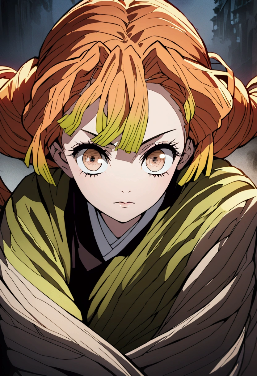 a young anime girl with long orange hair in twin ponytails,thin brown eyes,beautiful detailed eyes and face,long eyelashes,wearing the same outfit as Kanroji Mitsuri from Demon Slayer,digital painting,highly detailed,intricate details,cinematic colors,warm lighting full body veiw