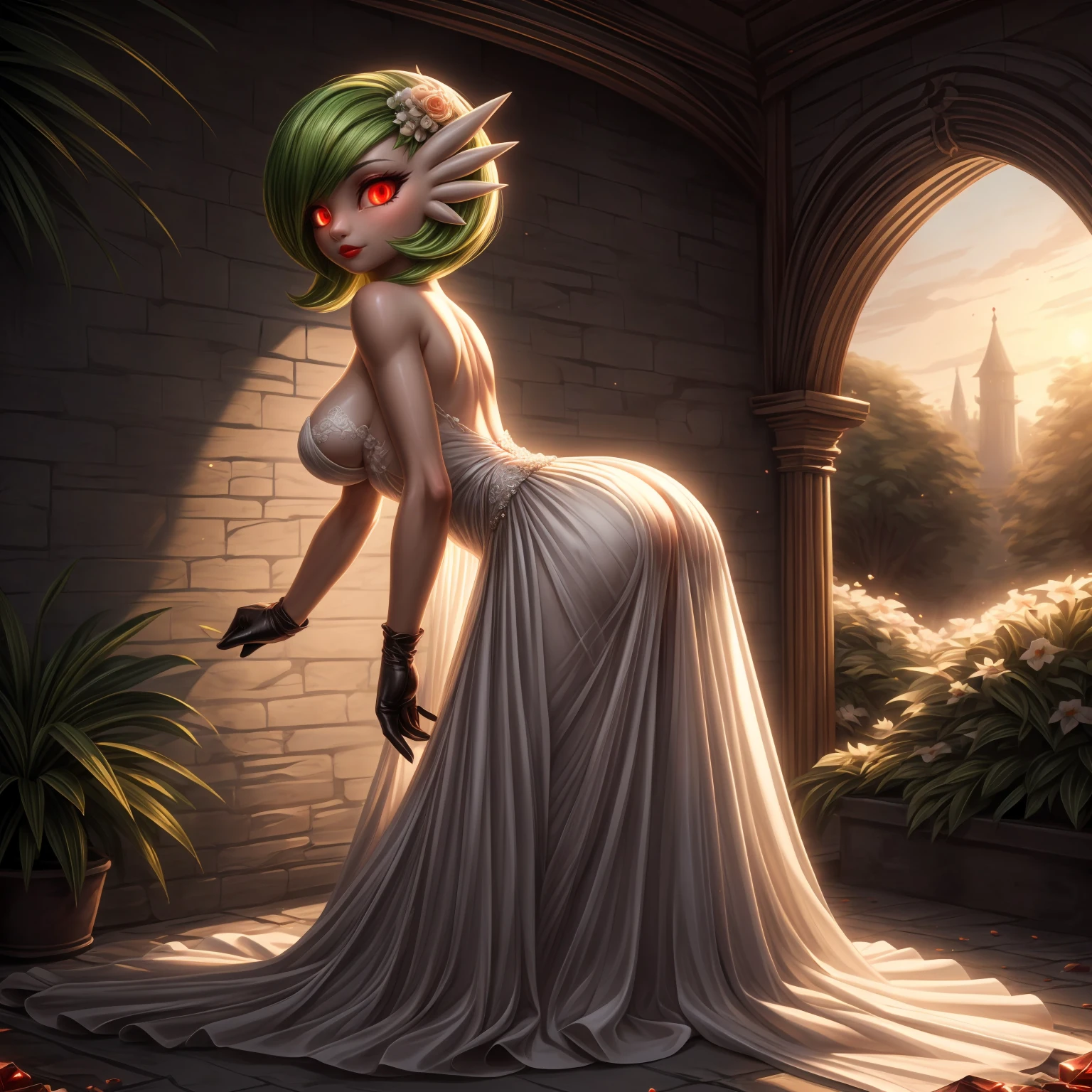 (((solo,1woman, mature, alone))), Dumba, Gardevoir, ((green hair, short hair,  glowing red eyes, wide eyes, Red crystal on the chest, lipstick, makeup, narrow waist, skinny, medium breasts, pale skin)), pelvic curtain, ((white dress,wedding dress, Scooped up the ass, glove)), full body, perfect body, (insanely detailed, beautiful detailed face, masterpiece, best quality), (extremely detailed 8k paper CG wall unit: 1.1), (wedding, garden, dusk), big ass, from back, behind