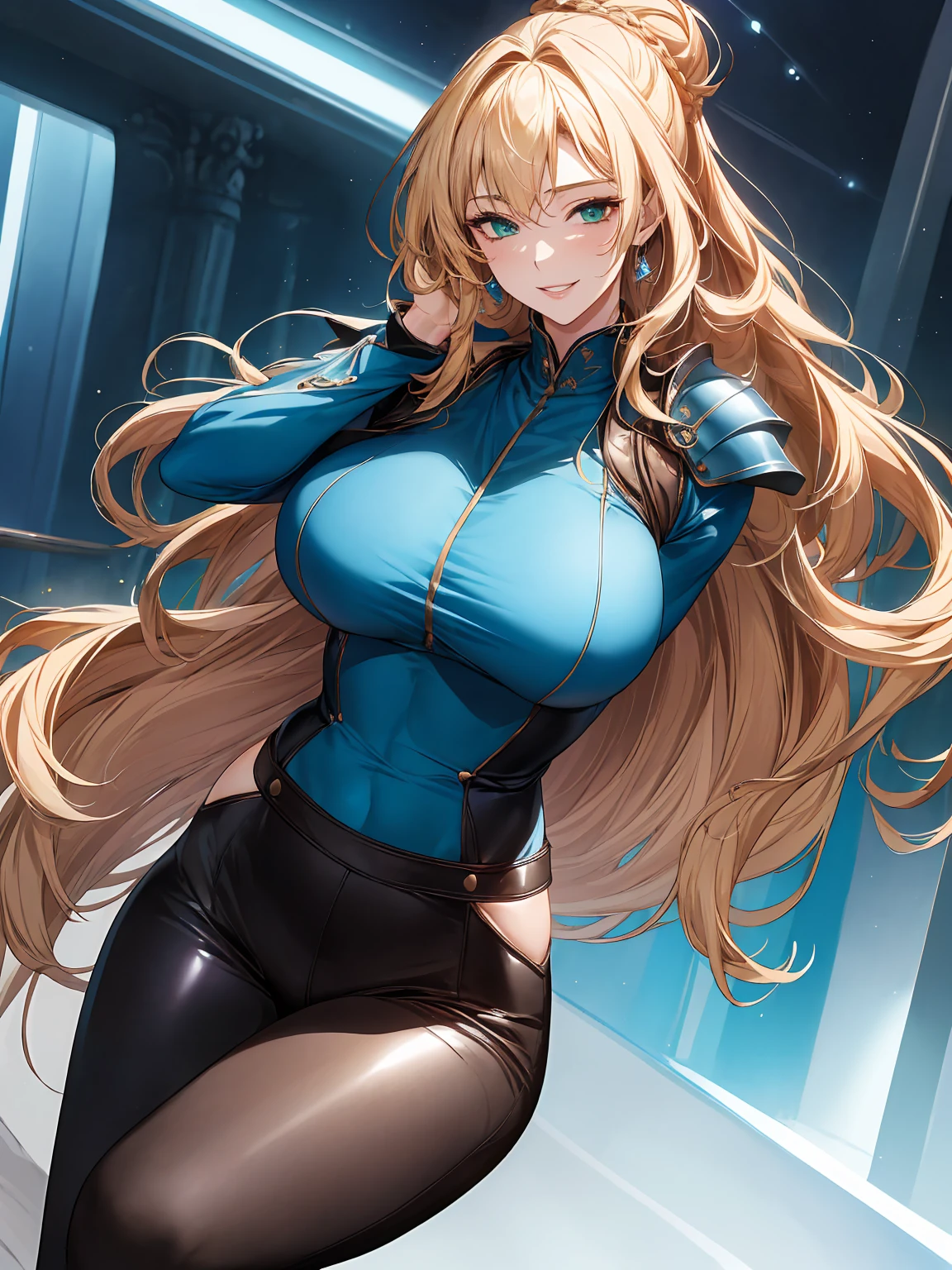 (masterpiece: 1.2), (best quality: 1.2) 1 woman, posing frontally, mature, tall (1.85), appeared to be around 25 years old, had blonde (golden) hair, straight hair and shiny, hair tied in a samurai bun, bangs, emerald green eyes, extremely detailed eyes, perfect eyes, extremely realistic eyes, well-aligned eyes, long eyelashes, anime style, perfect face, milf face, full lips, smiling, mature, fair skin, natural body, sexy body, milf body, perfect hands, detailed hands, hands well proportioned to the body, realistic hands, arms with good anatomy, she only wore a blue leather jacket with long sleeves, silver chest armor, underneath that still couldn't hide her extremely large and huge breasts that hung down due to their size, muscular abs, well-defined six pack abs, black leather pants with blue details on the legs, brown high boots, thick thighs, wide hips, looking to the viewer, close-up background scenery, setting in a European style castle, posing alone looking at the viewer