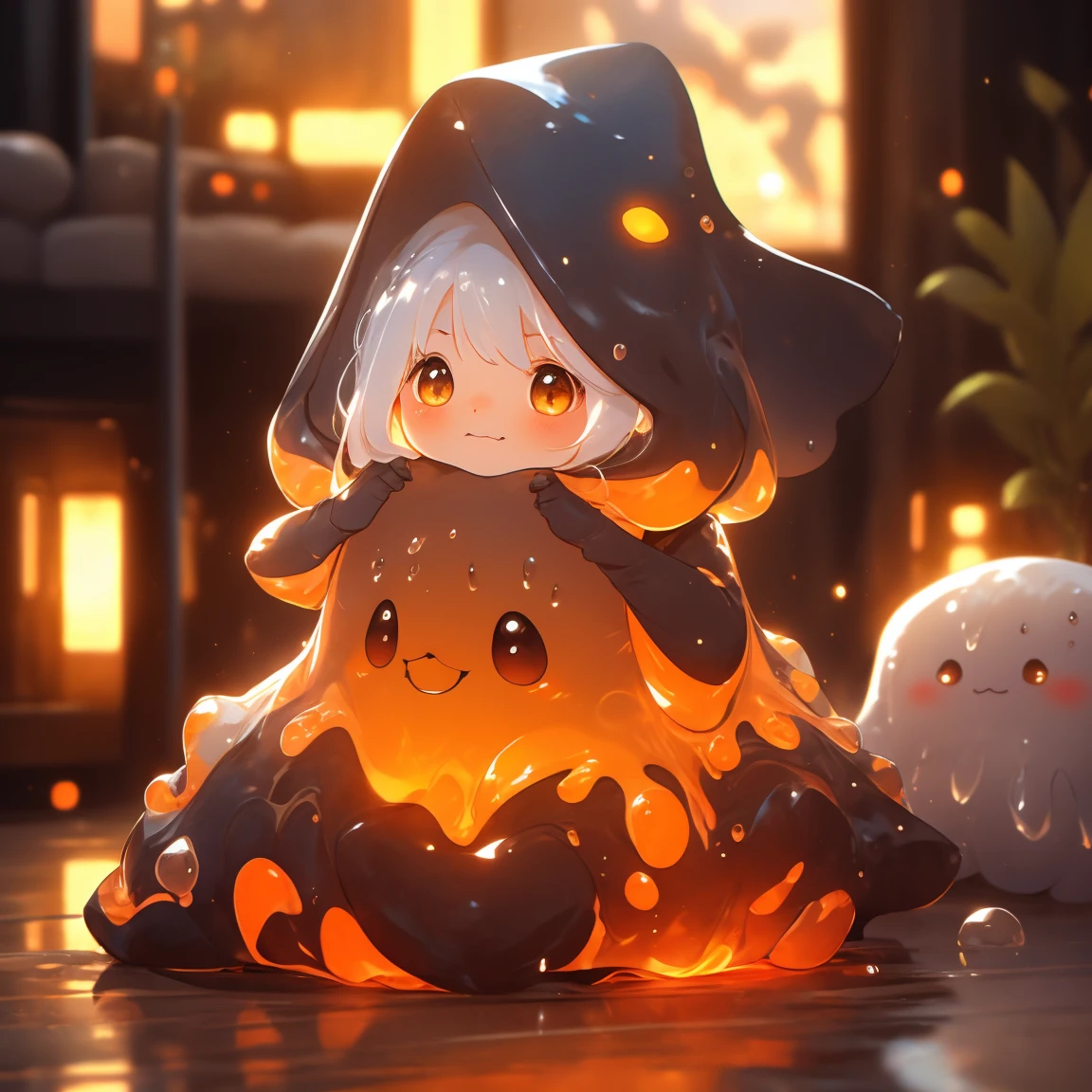 girl with, sorcerer, the witch, indoors, living room, crimson room, day, morning, 9:40 AM, Red and black gothic lolita, Dresses with ruffles, cute face, mouth o, white hair, hair, yellow eyes, bat wings on head, sitting in the sofa, clock, sun, orange slime, orange slime sitting on girl lap, watching tv