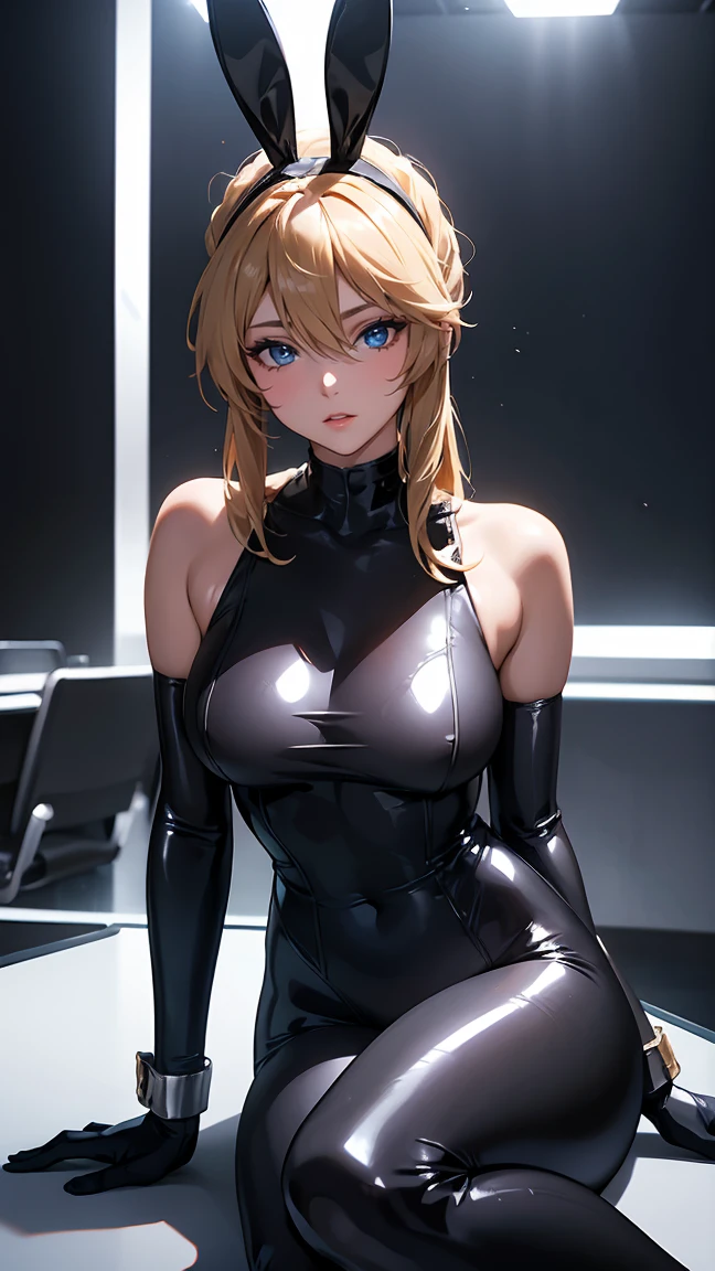 A girl in a bunny suit in a conference room, Sitting on the floor, People in the background々, Wrist cuff, Detachable collar, fishing net, Black shiny outfit, Tight bunny suit, Beautiful Face, Detailed lips,