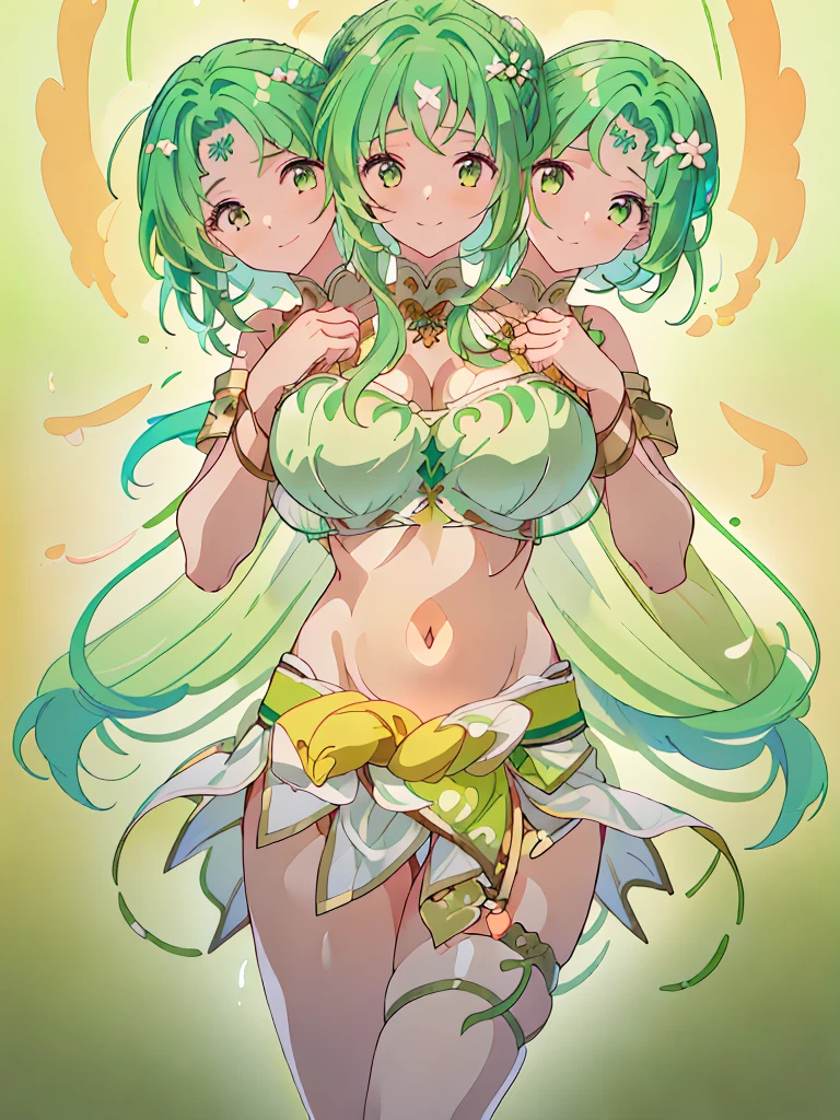 (masterpiece, best quality), best resolution, (3heads:1.5), 1girl, 16k resolution, highres, ultra quality, ultra resolution, ultra detail, FEElincia, green hair, flowing hair, smiling, soft smile, open belly, white-green crop top, green-white miniskirt, open breasts, very huge tits, sexy pose,
