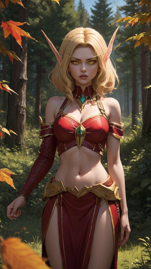 (Masterpiece, highly detailed, highly quality,  highly resolutions), SplitScreen, split screen, BREAK bldelf, angry, clenched teeth, glowing eyes, yellow eyes, Blonde hair, colored sclera, mature female, red short shirt, navel, red shoulder pad, gold trim, yellow leaves, jewelry, looking at viewer, forest, day, bare shoulders, Fall season