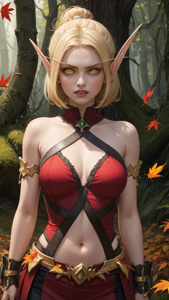 (Masterpiece, highly detailed, highly quality,  highly resolutions), SplitScreen, split screen, BREAK bldelf, angry, clenched teeth, glowing eyes, yellow eyes, Blonde hair, colored sclera, mature female, red short shirt, navel, red shoulder pad, gold trim, yellow leaves, jewelry, looking at viewer, forest, day, bare shoulders, Fall season