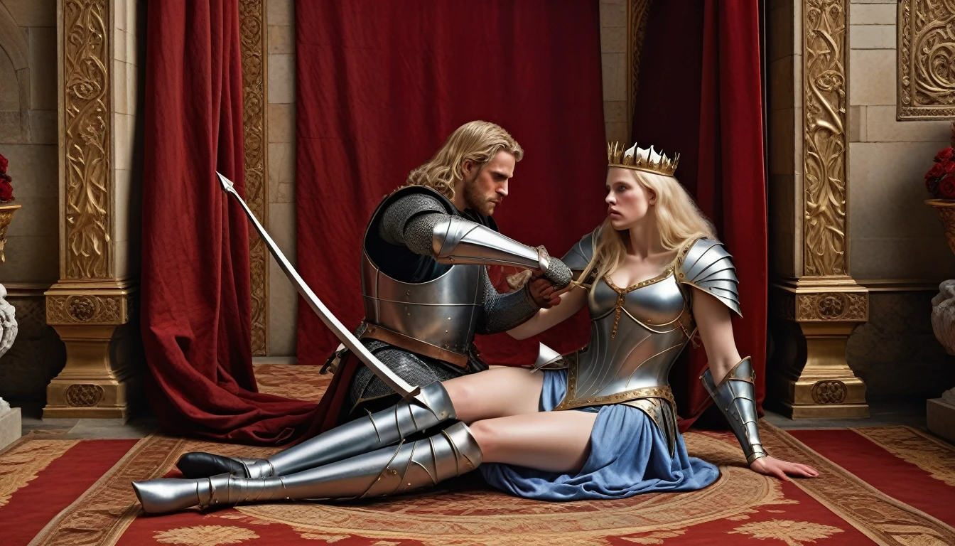 Highly detailed, UHD, 32k, medieval fantasy, heavy metal magazine cover, oil on canvas. pre-raphaelite painting. Multiple subjects. Medieval cinematic scene. in this scene, a blonde middle aged queen lies vanquished at the feet of a fat middle aged female human warrior, the warrior is clad in silver armor and has a steel bow in her hands, an arrow being readied by her. The scene takes place inside a royal hall, in the throne room. a royal banquet was happening when the queen was vanquished, and plates, food and goblets are scattered all around, wine spilled on the floor, the noble guests in shock at what just happened.