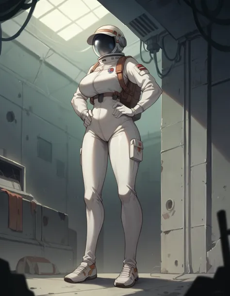 masterpiece, best quality, masterpiece, best quality, 1 woman, astronaut suit , wear a hat , big breasts , abdomen , long legs ,...