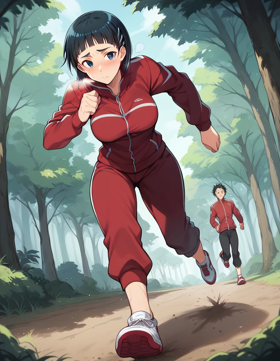 Kirigaya Suguha, Kirigaya Suguha from Sword Art Online, wearing red tracksuit with red tracksuit pants, wearing white running shoes, fall setting, in forest, slight blush, hot breath, slightly sweaty face, on dirt path,