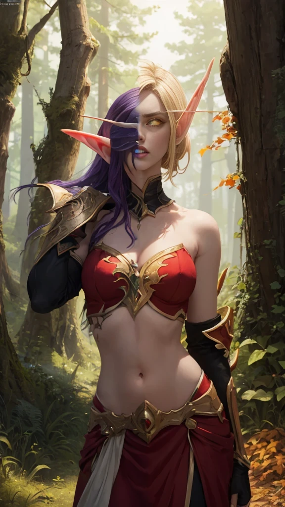 (Masterpiece, highly detailed, highly quality,  highly resolutions), SplitScreen, split screen, BREAK nightelf, angry, clenched teeth, glowing eyes, blue eyes, Purple Hair, colored skin, mature female, purple midriff, navel, purple spike shoulder pad, platinum trim, green leaves, jewelry, looking at viewer, forest, night, bare shoulders, spring season