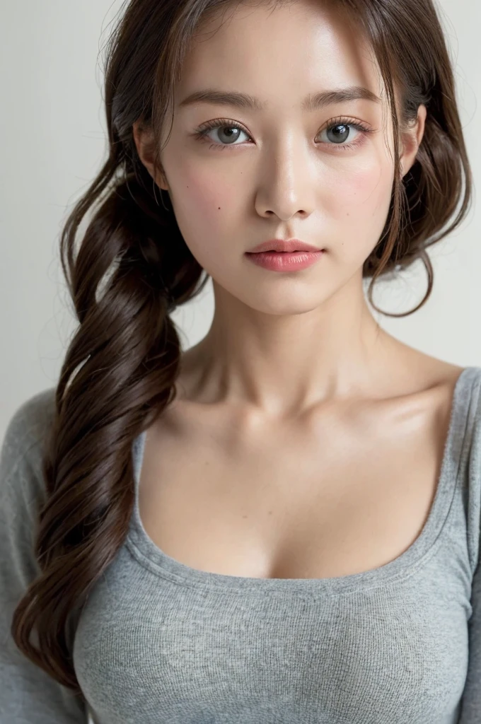 ((Highest quality, 8k, masterpiece :1.3)), One girl, Beautiful woman with slim abdominal muscles :1.3, (Random Hairstyles, Huge breasts :1.2), Casual clothing :1.2, indoor, Highly detailed face, Fine grain, double eyelid、Japanese women