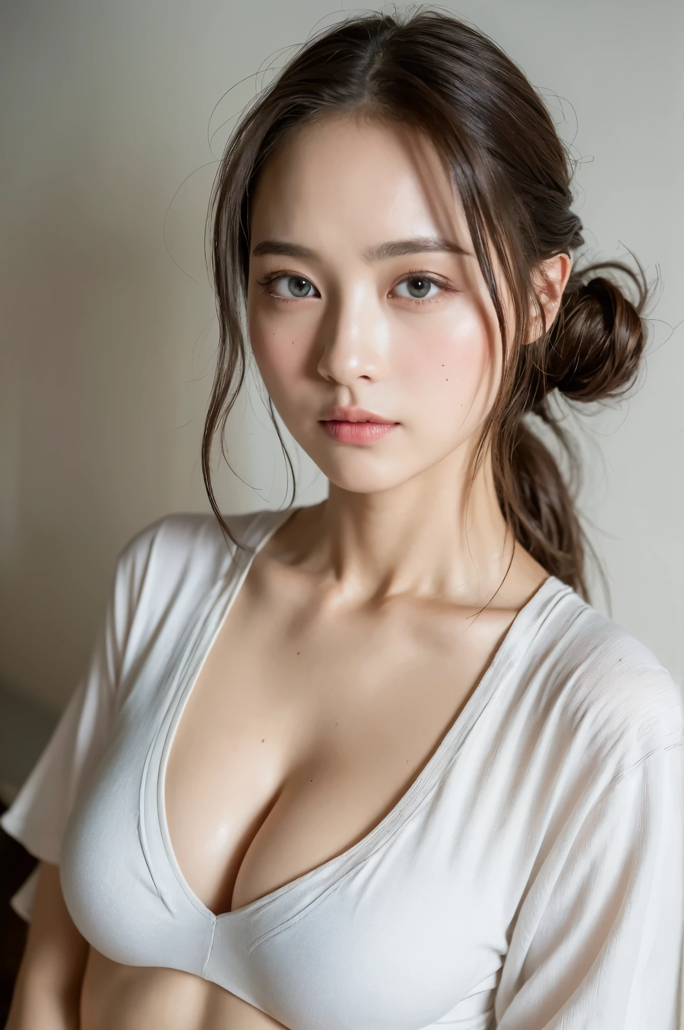 ((Highest quality, 8k, masterpiece :1.3)), One girl, Beautiful woman with slim abdominal muscles :1.3, (Random Hairstyles, Huge breasts :1.2), Casual clothing :1.2, indoor, Highly detailed face, Fine grain, double eyelid、Japanese women