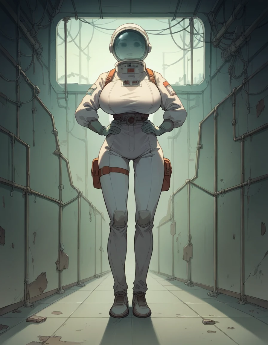 Masterpiece, best quality, Masterpiece, best quality, 1 woman, astronaut suit , wear a hat , big breasts , abdomen , Long legs , Put your hands on your hips... , shoe , full body , abandoned factory , at night