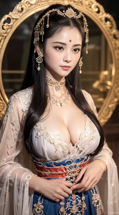 masterpiece, best quality, 1 girl, ((Large Breasts)， Long hair，(Siamese transparent black silk)，(Jewelry forming five circles on...