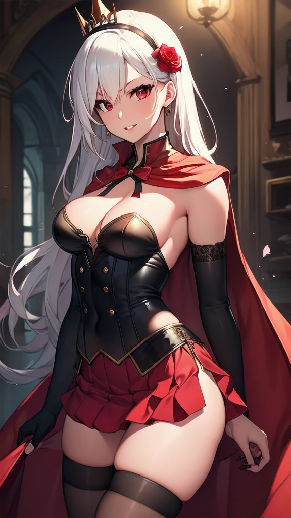 masterpiece, best quality, solo girl, white hair, red eyes, long hair, medium breasts, sexy body and face, wavy hair, smile, parted lips, red lips, ribbon, crown of thorns, thorns, (red cape, dress flower), detached sleeves, hair flower, hair ornament, long sleeves, black corset, long skirt, red dress, rose, strapless dress, long skirt, thighhighs, thighlet, red nails, dress flower, black thighhighs, mksks style, beautiful background, orchestra, indoors, sexy pose, cowboy shots, sharp focus, ultra-detailed body, face, and eyes, vibrant, creative, dynamic, high definition, high resolution, 8k, (Upscale: R-ESRGAN 4x+ Anime6mage enchance:4x), voluptuous body, cinema lighting, looking at the viewer, (realistic:1.4), (beautiful detailed face, beautiful detailed eyes, volumetric lighting), 