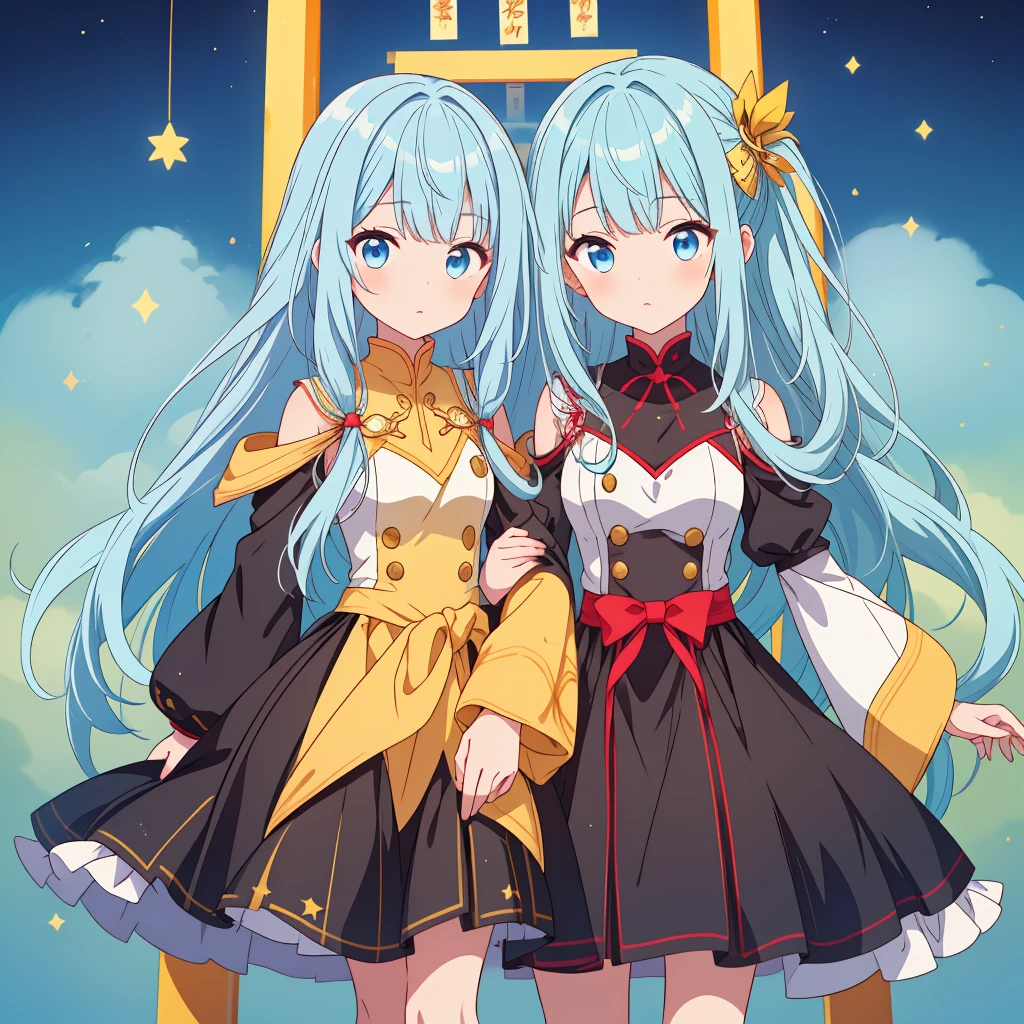 girl、Star Fairy、Star incarnation、Character design front view、A picture facing the viewer、(((Super detailed、Highest quality、Masterpiece)))、Original cute hairstyle、Milky white and blue hair color、Anime Girls, All Black Uniform, Gold Button, Long skirt, Long black hair with bangs, Iris, beautiful, Small breasts, stoic, thin, Calm, The gold lines on the skirt are complicated., Background of the torii gate