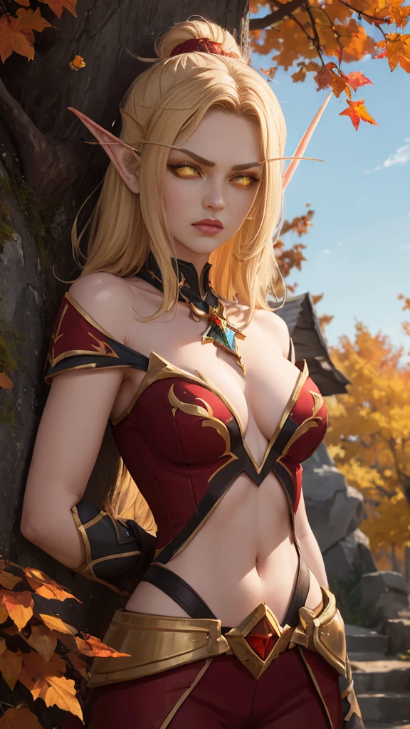 (Masterpiece, highly detailed, highly quality,  highly resolutions), SplitScreen, split screen, BREAK bldelf, angry, clenched teeth, glowing eyes, yellow eyes, Blonde hair, colored sclera, mature female, red short shirt, navel, red shoulder pad, gold trim, yellow leaves, jewelry, looking at viewer, forest, day, bare shoulders, Fall season