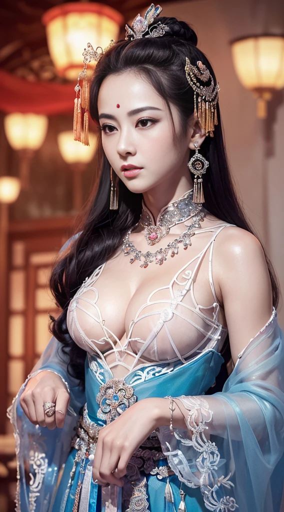 masterpiece, best quality, 1 girl, ((Large Breasts)， Long hair，(Siamese transparent black silk)，(On clothes，Breast position，There are jewelry，Five circles, )，Looking at the audience, (precise、Perfect face shape:1.3)，（Beautiful five fingers），(Crotch front display)，Ultra HD，Ray Tracing,，reflected light， Correct structure，The award-winning，High Detail，Reduce shadow contrast，Facial lighting ，Cinema Lighting，masterpiece，Super Detail，high quality，High Detail， best quality，16K，High contrast，Close-up of woman, A young woman plays, Chinese Empress, yun ling, song nan li, , gujian,  zhao yun, Chinese Princess