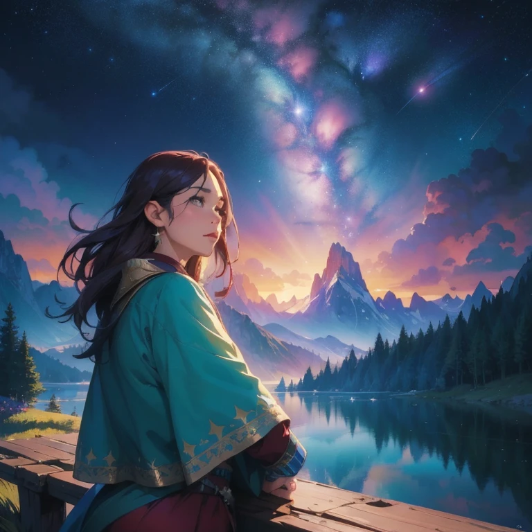 Starry sky with mountains and lake, Jessica Rossier, Inspired by Jessica Rossier, Jessica Rossier Fantasy Art, Magical Highlights of Concept Art, offcial art, Dream Painting, Ethereal Kingdom, Atmospheric art, dreamy matte paintings, serene infinite stars inspired by Ted Nasmith, starry environments lit by the moon, epic music album covers.