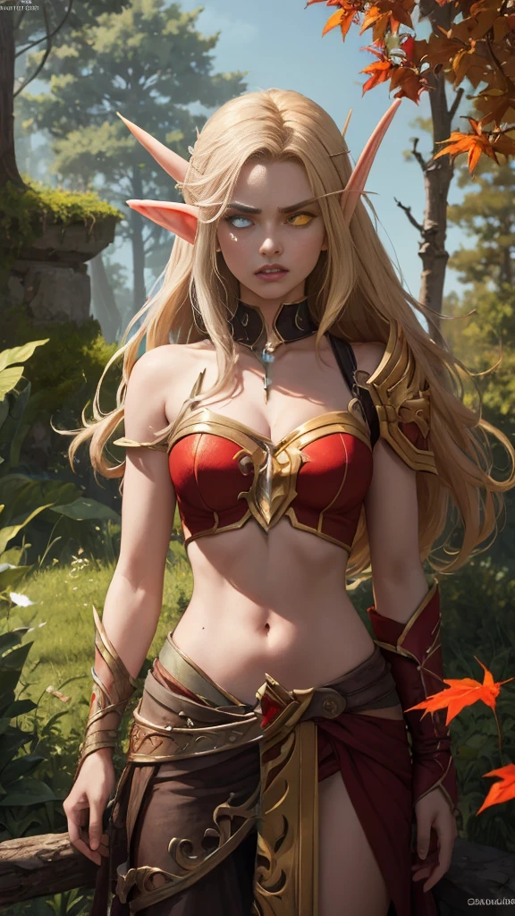 (Masterpiece, highly detailed, highly quality,  highly resolutions), SplitScreen, split screen, BREAK nightelf, angry, clenched teeth, glowing eyes, blue eyes, Purple Hair, colored skin, mature female, purple midriff, navel, purple spike shoulder pad, platinum trim, green leaves, jewelry, looking at viewer, forest, night, bare shoulders, spring season