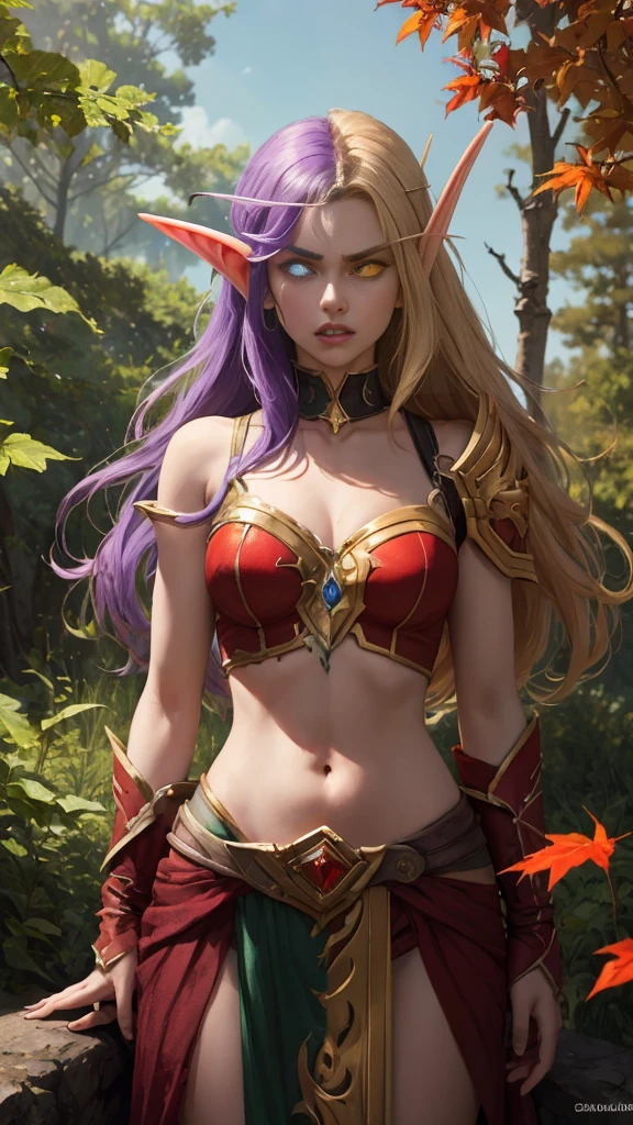 (Masterpiece, highly detailed, highly quality,  highly resolutions), SplitScreen, split screen, BREAK nightelf, angry, clenched teeth, glowing eyes, blue eyes, Purple Hair, colored skin, mature female, purple midriff, navel, purple spike shoulder pad, platinum trim, green leaves, jewelry, looking at viewer, forest, night, bare shoulders, spring season