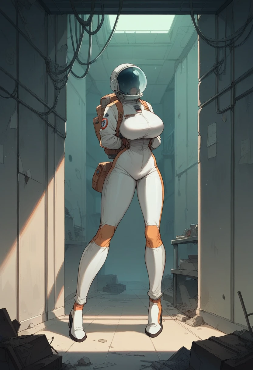 Masterpiece, best quality, Masterpiece, best quality, 1 woman, astronaut suit , wear a hat , big breasts , abdomen , Long legs . , shoe , full body , abandoned factory , at night