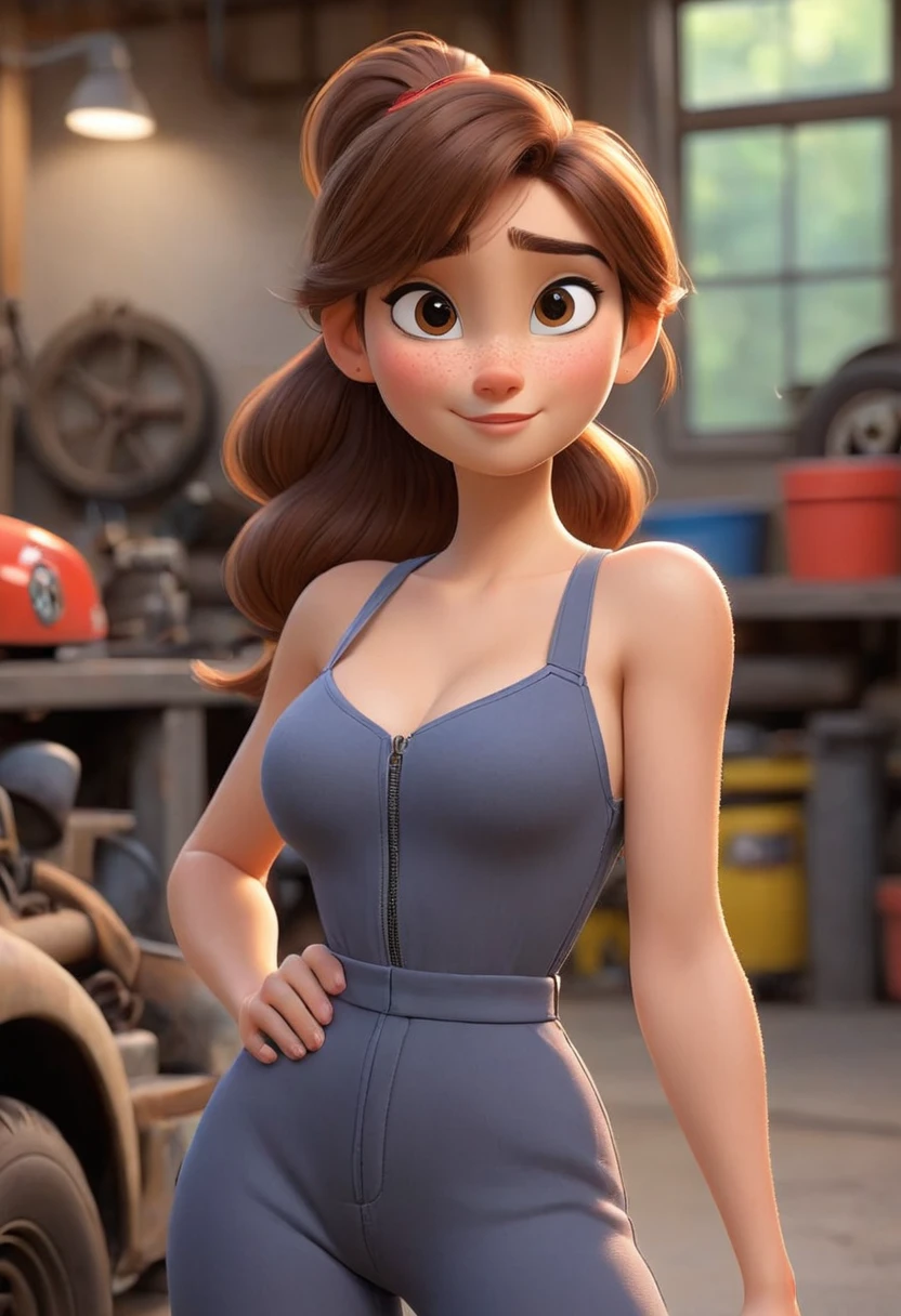 (Disney-Pixar-Stil:1.2) (süßes entzückendes Mädchen:1.15) (Erwachsene Alter 20:1.15)  braune Haare, Pferdeschwanz,  sehr dünner Overall, riesige Brüste, Dekollete, sexy Mechaniker, in a garage, (perfekte Hände:1.1)  (extreme Weitwinkelaufnahme, Ganzkörper, herausgezoomt:1.1) oben ohne nackt