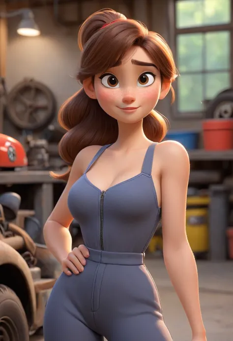 (disney pixar style:1.2) (cute adorable girl:1.15) (adult age 20:1.15)  brown hair, ponytail,  very  thin jumpsuit, huge breasts...