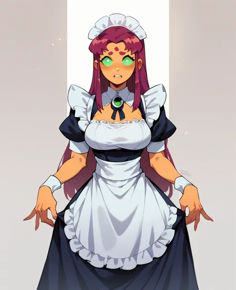 Starfire from the Teen Titans wearing a maid uniform while standing looks at her master with a submissive look