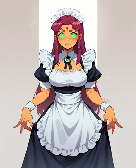 starfire from the teen titans wearing a maid uniform while standing looks at her master with a submissive look