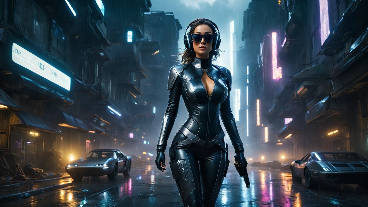 (aerial view, a flying car is speeding through a very dark abandoned futuristic city), rainy night. (((1girl, solo, alone))), large-breast:1.2 slim body, cleavage:1.1, sexy mechanic suit, (((headphone, black sunglasses, standing and holding pistol:1.8, dynamic rushing pose))), (((((half-body thigh level medium shot))))), cinematic lighting, lens flare, ray tracing.