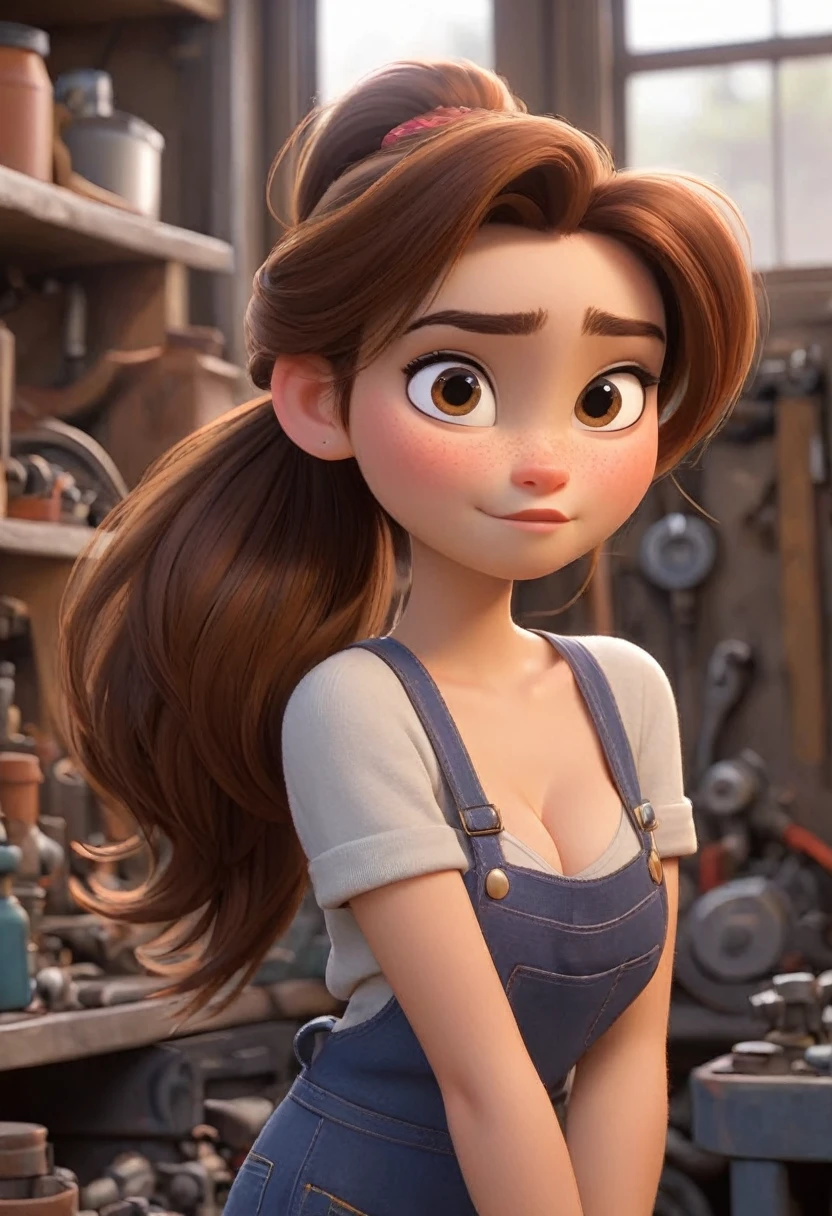 (disney pixar style:1.2) (cute adorable girl:1.15) (adult age 20:1.15)  brown hair, ponytail, , huge breasts, cleavage, sexy mechanic, in a garage, (perfect hands:1.1)  (extreme far shot, full body, zoomed out:1.1) topless nude