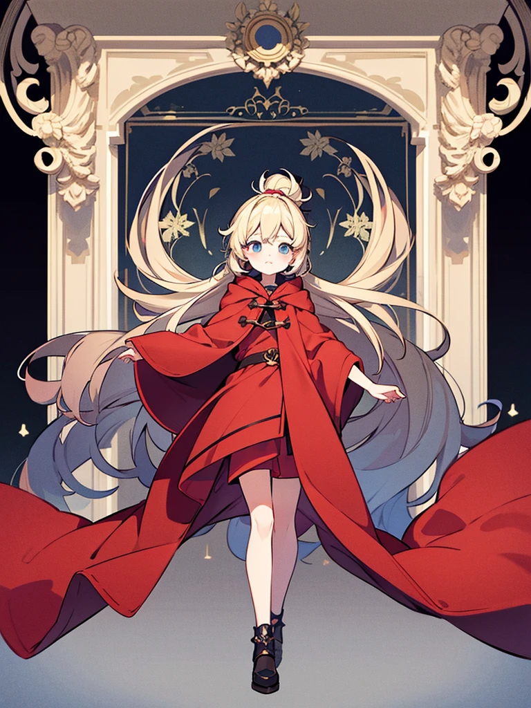 Full-body portrait、Fluffy hair、Blonde、Short ponytail、Grey sweater、Red cloak