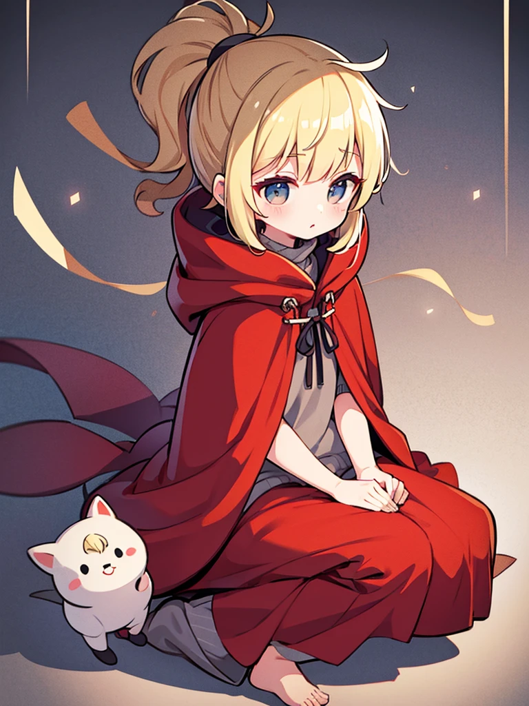 Full-body portrait、Fluffy hair、Blonde、Short ponytail、Grey sweater、Red cloak