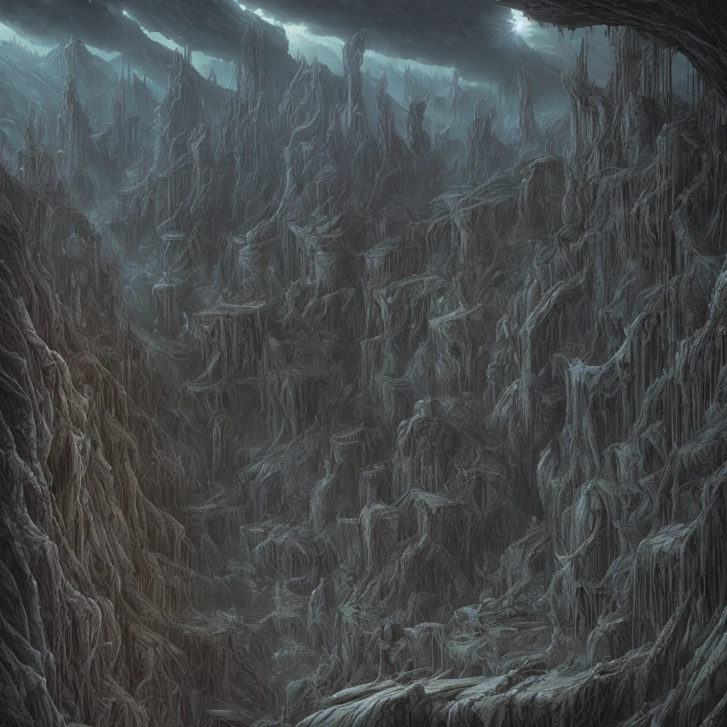 view from the top of the peak, a futurist dark valley in ruin, evil creatures, cosmic horror, abyss view, madness, thorns, spiked walls. Creepy illustration, Horror art, hyperdetailed painting, color drawing, art by Derek Riggs and HR Giger