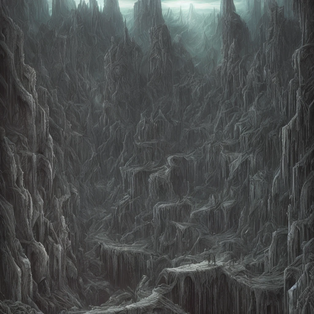 vista desde la cima del pico, un valle oscuro futurista en ruinas, Criaturas malvadas, horror cósmico, vista al abismo, Locura, espinas, paredes con púas. Ilustración espeluznante, Horror art, pintura hiperdetallada, dibujo en color, arte de Derek Riggs y HR Giger