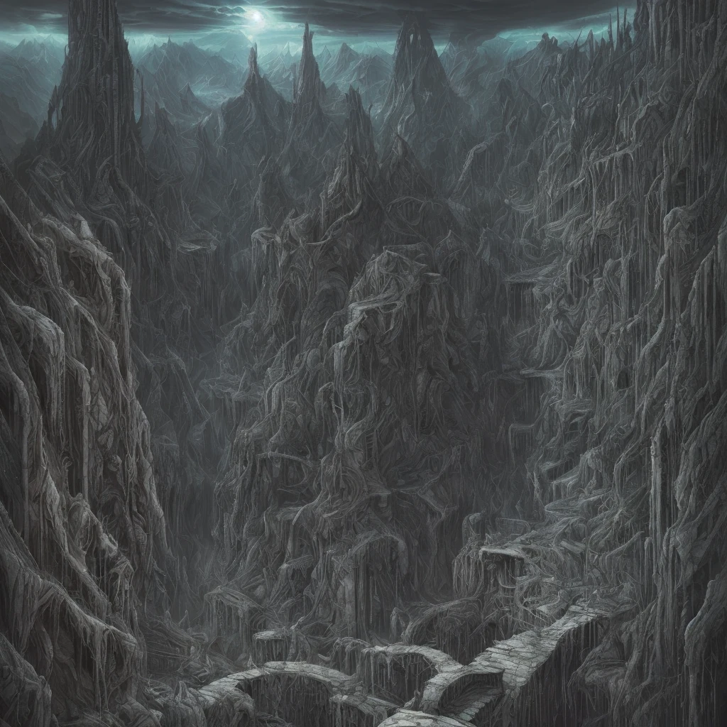 view from the top of the peak, a futurist dark valley in ruin, evil creatures, cosmic horror, abyss view, madness, thorns, spiked walls. Creepy illustration, Horror art, hyperdetailed painting, color drawing, art by Derek Riggs and HR Giger