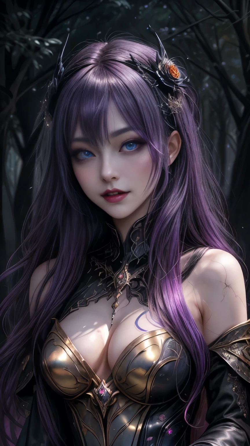 強力なスーパーevil女がクローズアップでポーズをとる, Black Goddess (Exposing shoulders), length, Flowing purple hair, View your audience, Highly detailed face, Perfect hands, Blue smoke swirling around her, evil事を愛する, Captivating blue eyes, Dark fantasy,  ， realistic girl rendering, 8k artistic german bokeh, Enchanting girl, Real Girls, Gurwitz, Gurwitz-style artwork, Girl Roleplay, Realistic 3D style, cgstation Popular Topics,, 8K Portrait Rendering,（truth，truth：1.4）、Genuine, Symmetric, Attention to detail, Esoteric arachnids lady, Spider Queen Elise, League of Legends, Esoteric arachnids, Combat Stance, ( The body is made with liquid metallic paints in metallic mauve and metallic black....、It beautifully depicts the female form....。), length, Sharp Fangs, nature, ((Complex metallic colors in the foreground)), (( Fluid Mechanics, The most beautiful smooth scale face makeup, Smirking expression)) - Dark blood, Onyxia、Noir painting of a beautiful young witch, length purple hair, dark purple lips, evil, evil女, smile, Black Prom Dress, She is coming to you, close, Bright Blue Eyes, Surrounded by swirling pink smoke, Genuine, Attention to detail, Highest quality